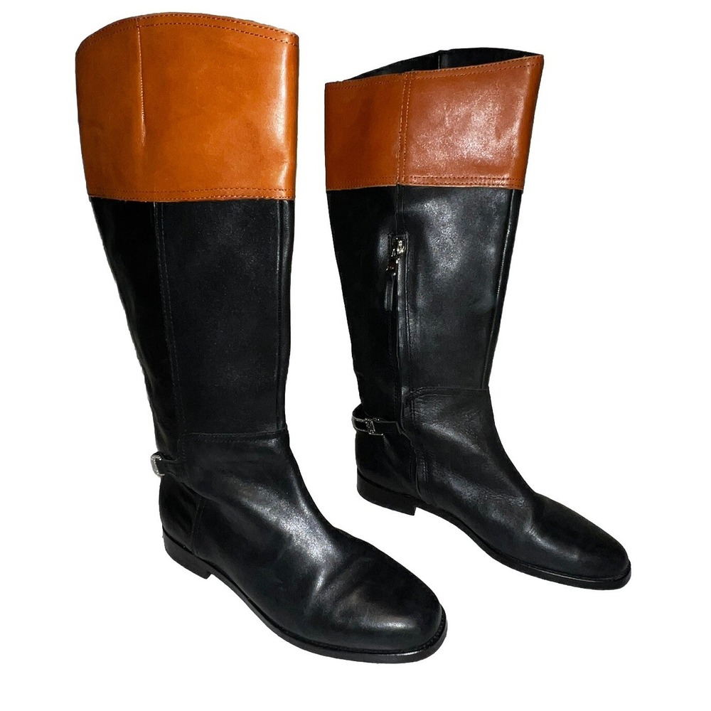 Ralph Lauren RLL Berna Black & Brown Leather Tall Riding Boots Size 8B